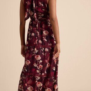 Etheline Burgundy Floral Lace Tiered Midi Dress
